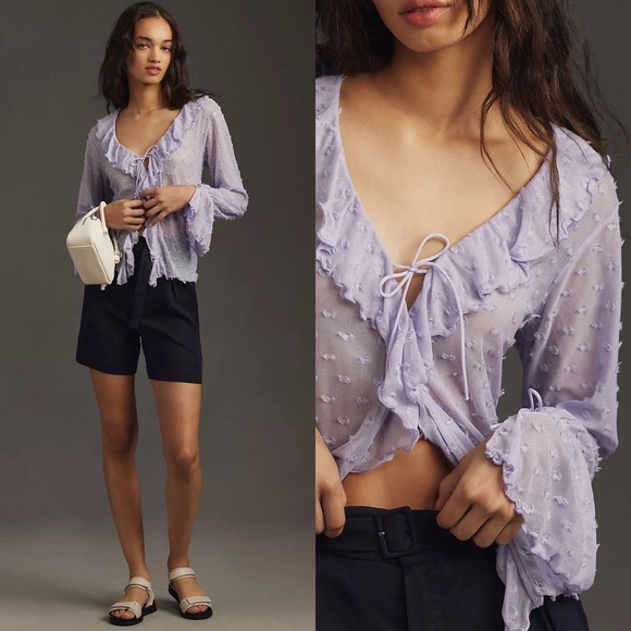 Anthropologie Lavender Bell Sleeve Ruffle Blouse Size XS Swiss Dot Fairy Boho - Picture 2 of 9